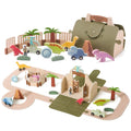 Early education wooden building block toy set with felt dinosaur track scene in natural wood and felt colours