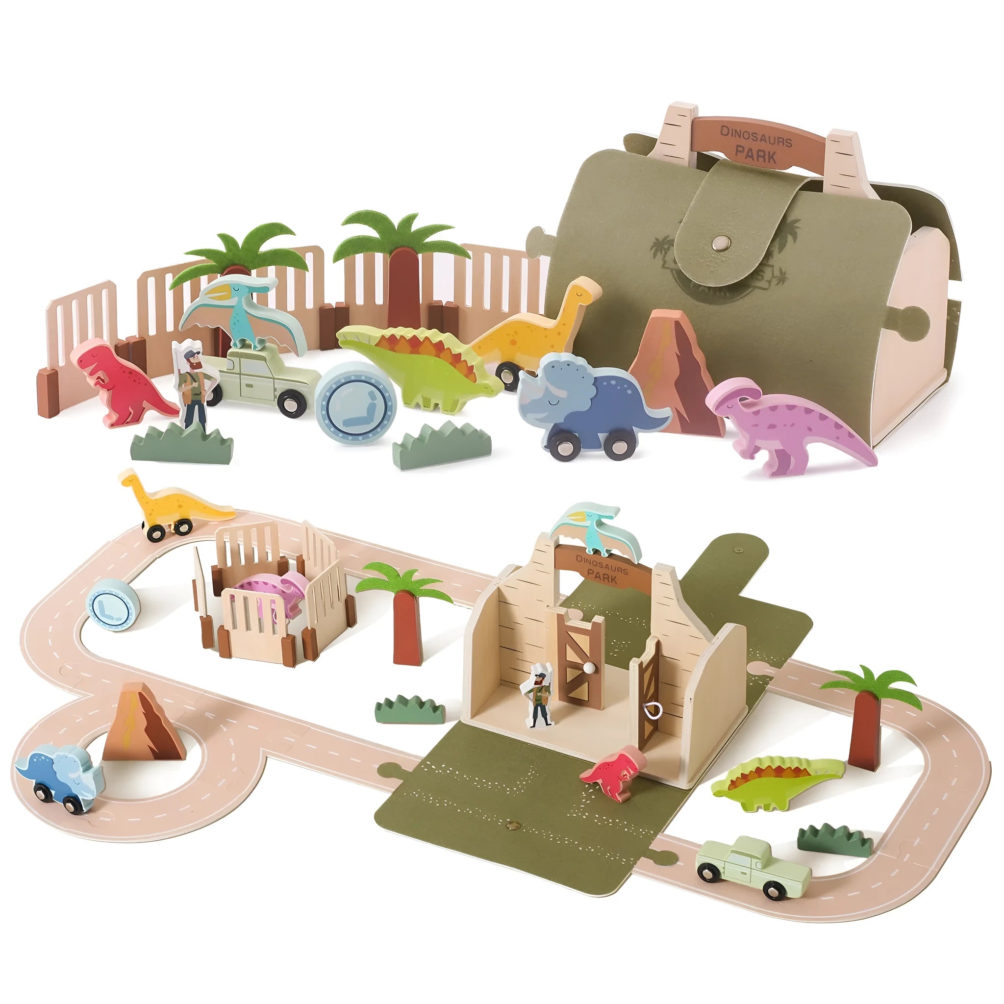 Early education wooden building block toy set with felt dinosaur track scene in natural wood and felt colours