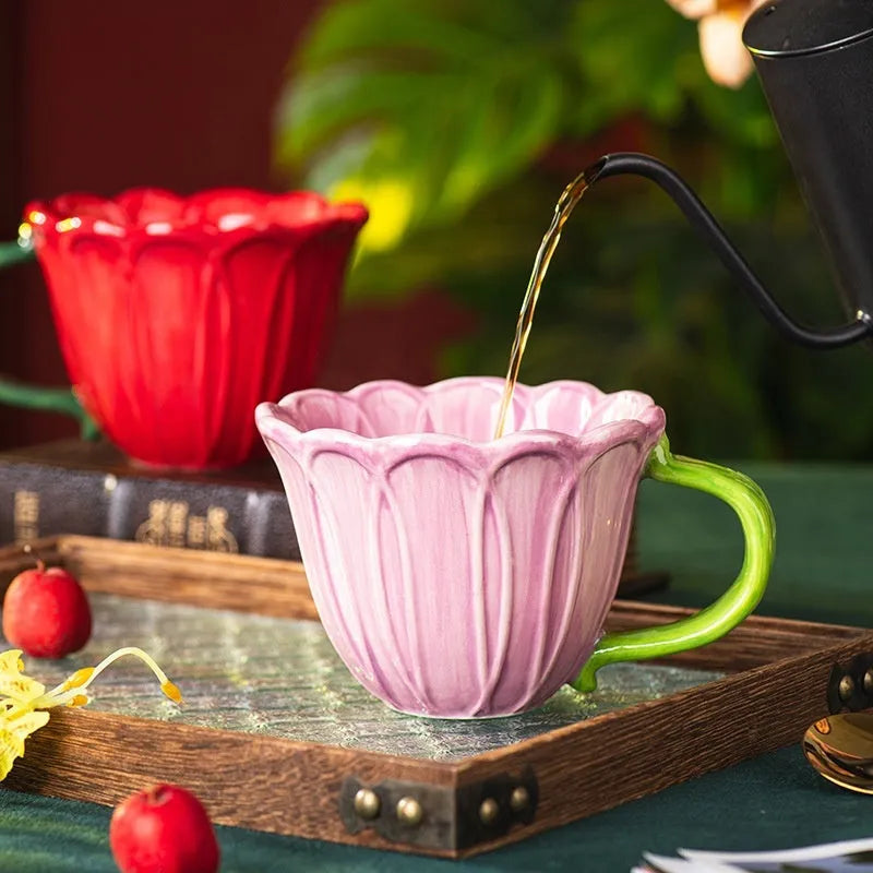 500ml pastoral style ceramic breakfast cup with a printed household flower pattern