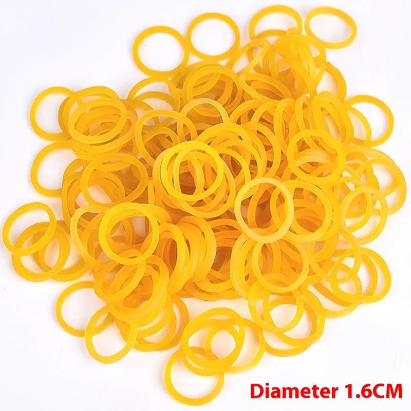 500g pack of assorted size yellow rubber bands showing diameters from 25mm to 70mm
