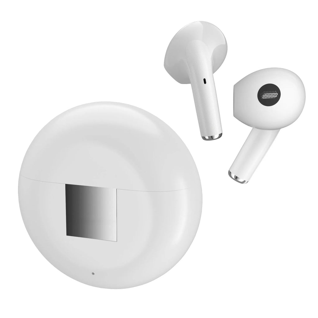 White Budz5 wireless Bluetooth headset with semi-in-ear design and charging compartment