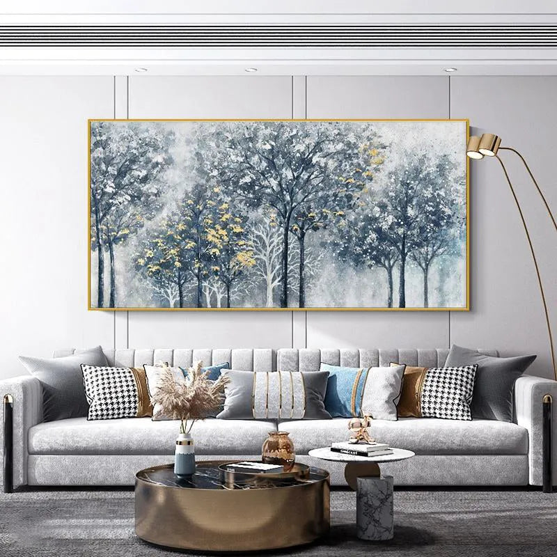 Handmade abstract silver-gray forest tree texture oil painting on canvas with blue and golden accents