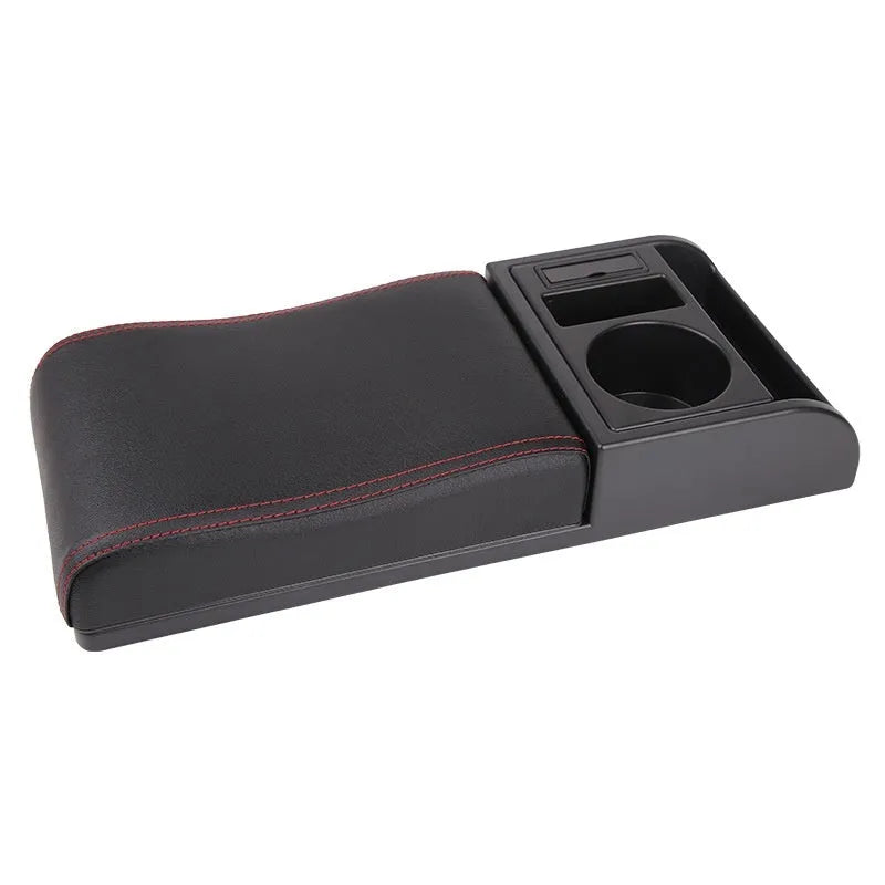 Universal automobile armrest box cover height increasing plastic with PU leather finish in beige placed on car centre console