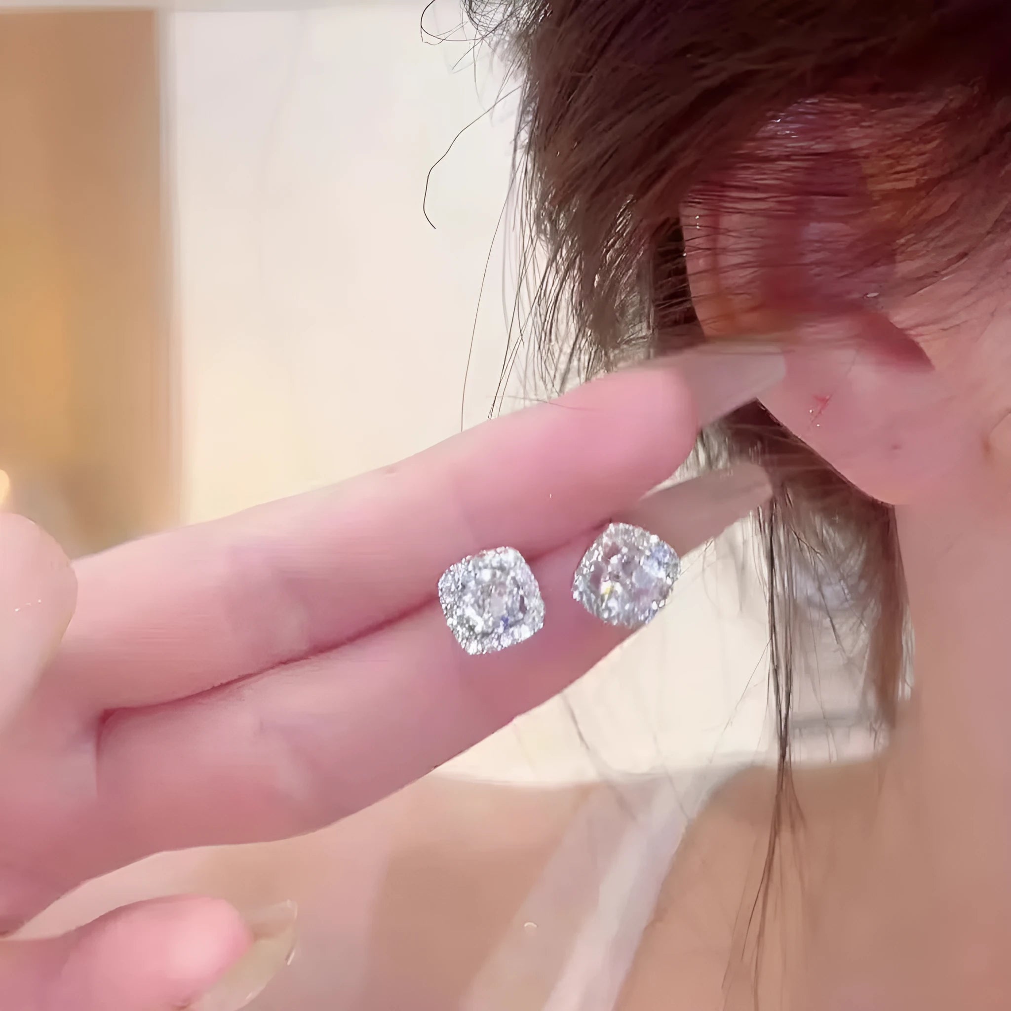Square geometric diamond earrings for women in silver and gold alloy