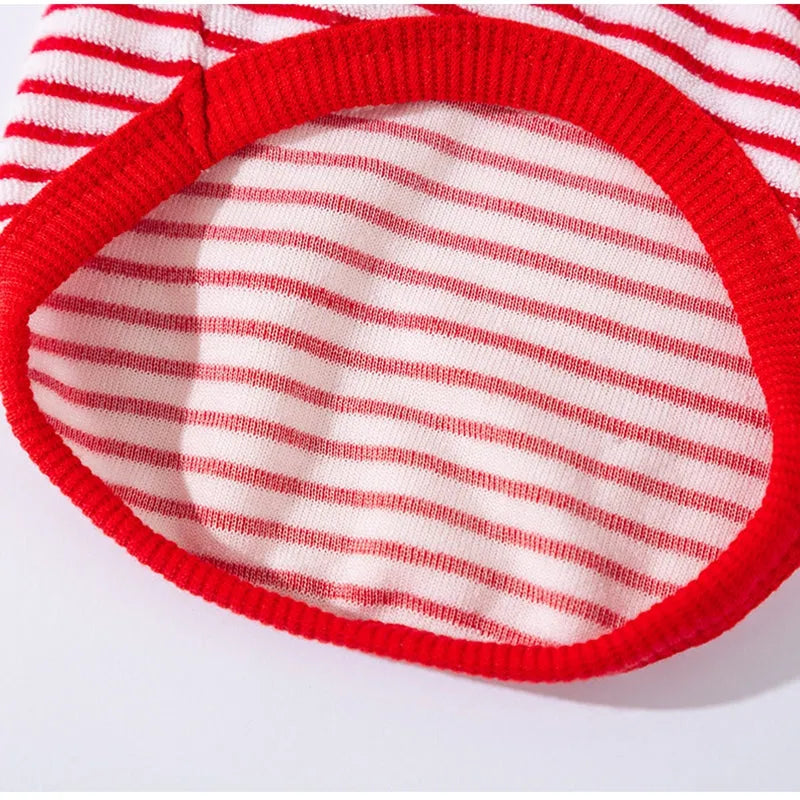 Red striped two-legged fleece pet clothing for small to medium dogs and cats