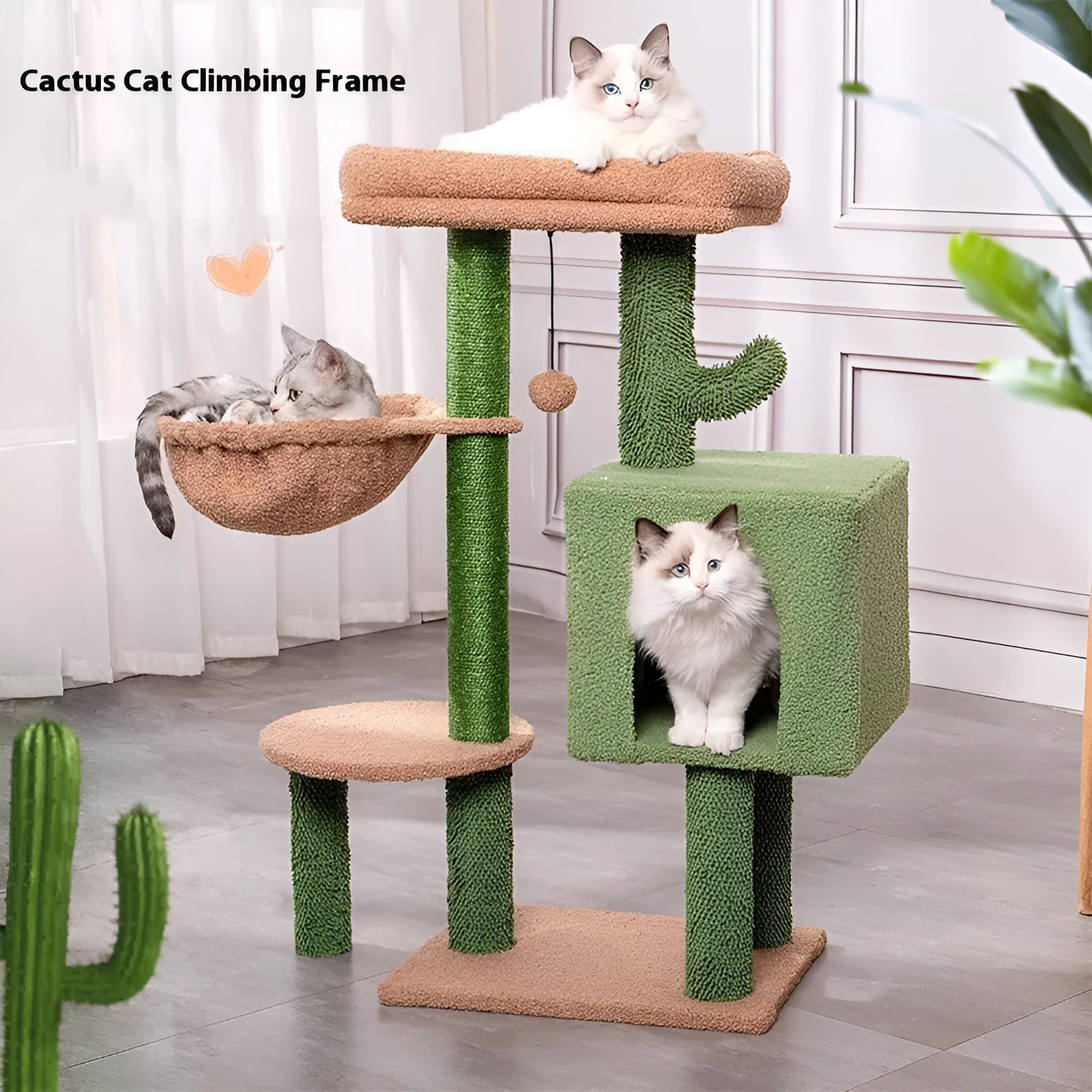 Wooden cat climbing frame with platform shelf cactus green colour 43x33x87cm simple style