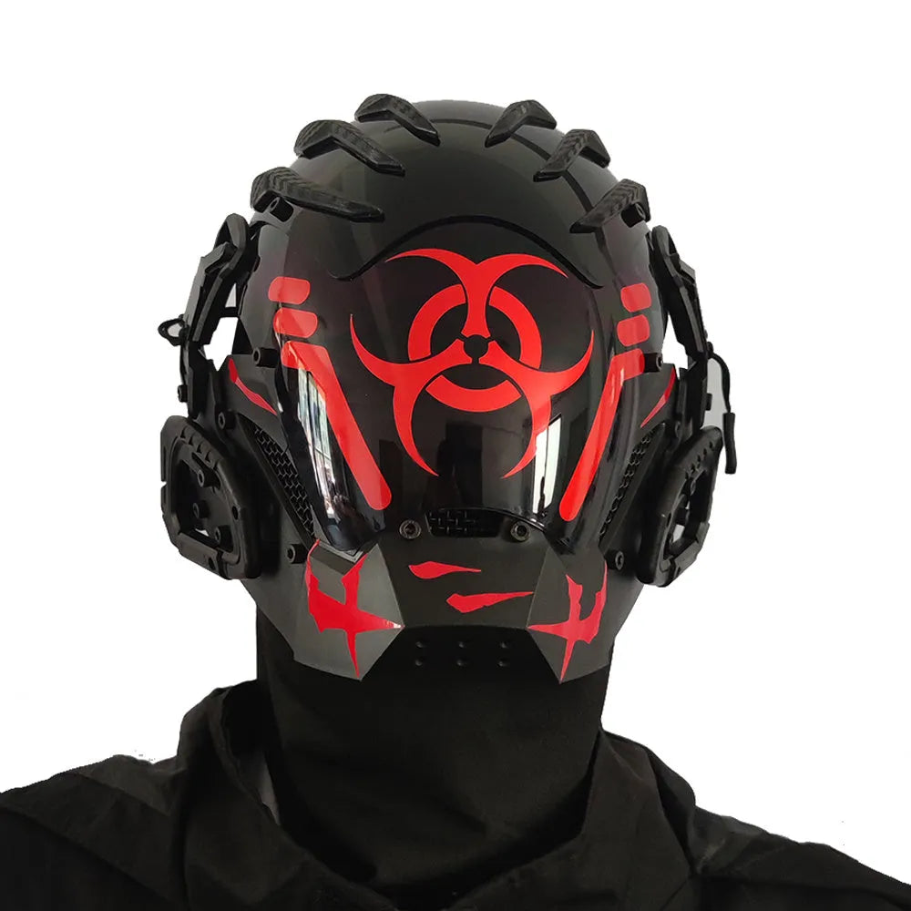 Black full face prop helmet with Bioweapon tech style for cosplay costumes