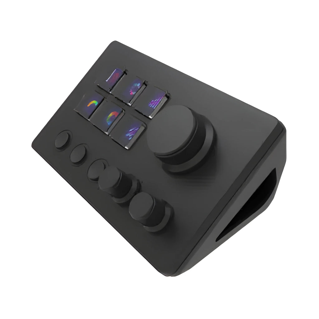 Black silicone numeric keypad with USB cable and mounting bracket on desk