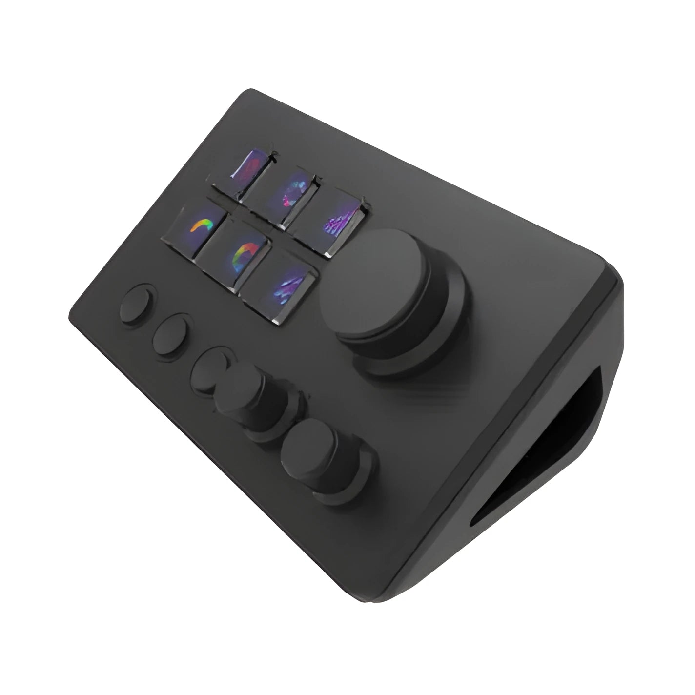 Black silicone numeric keypad with USB cable and mounting bracket on desk
