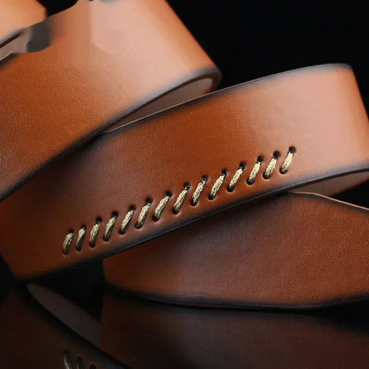 Men's black threading pattern casual belt with alloy pin buckle, laid flat showing 110cm length