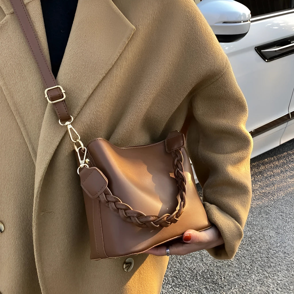 Retro woven PU leather crossbody bucket bag in khaki, black or brown colours
