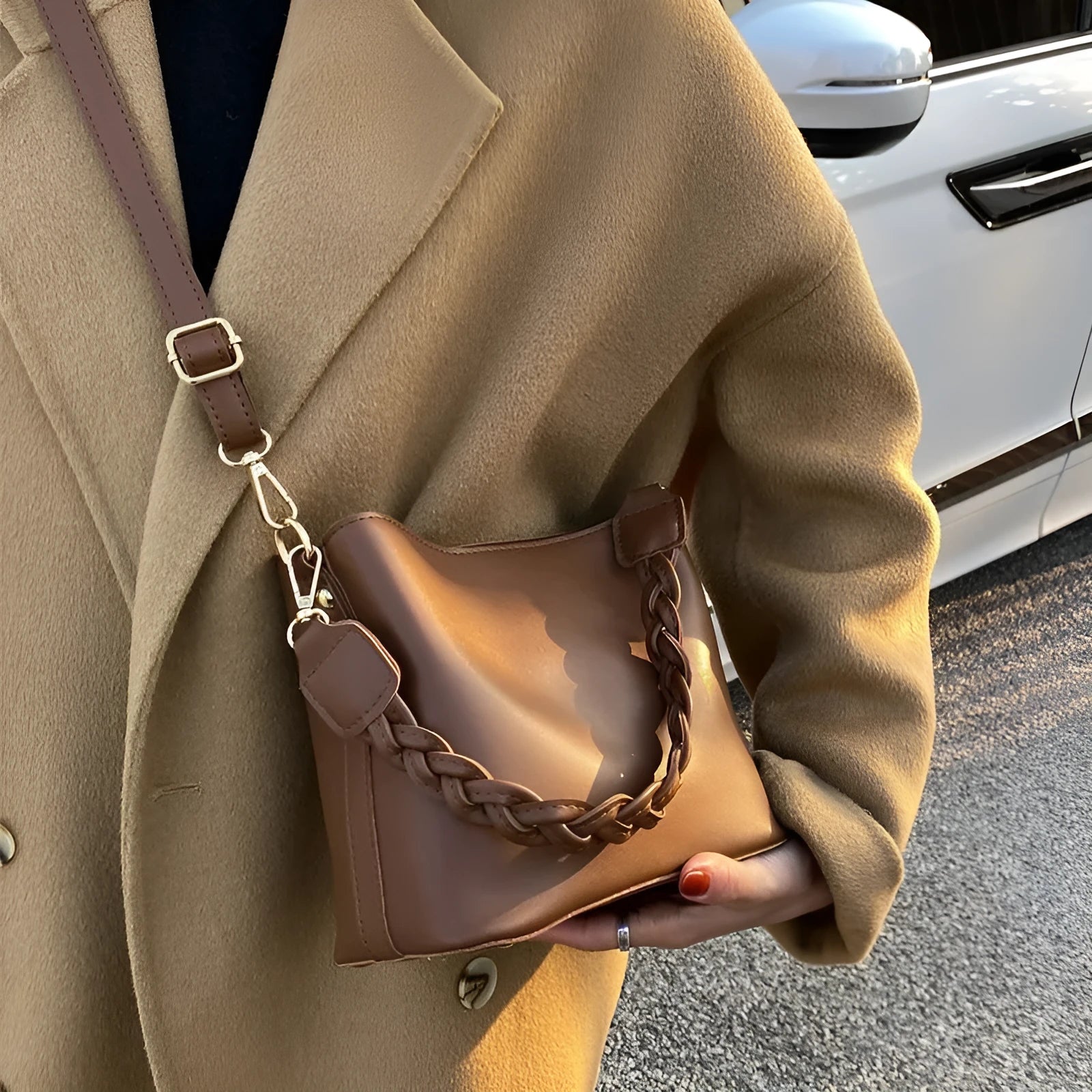 Retro woven PU leather crossbody bucket bag in khaki, black or brown colours