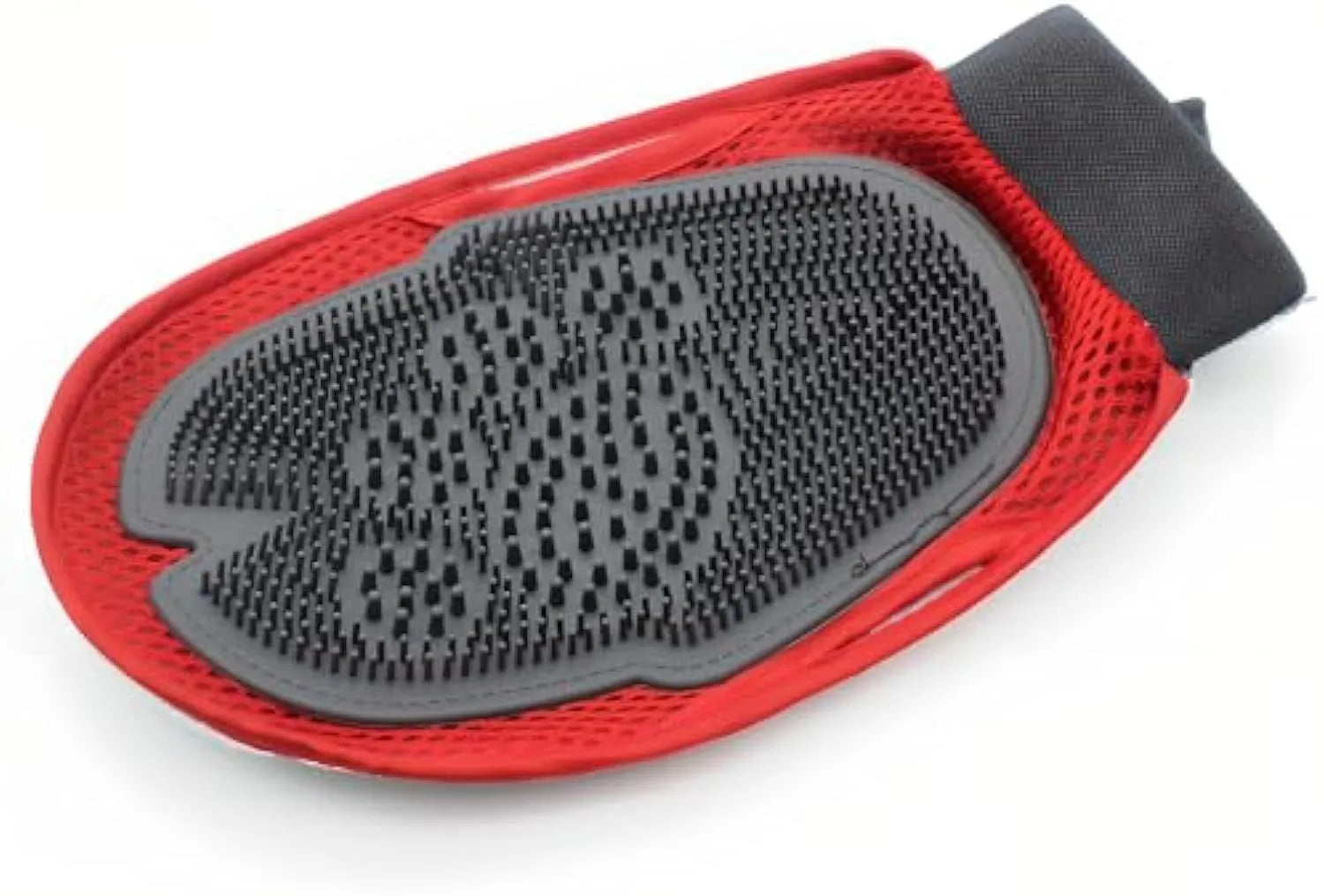 Red pet bathing glove with integrated cleaning brush surface for grooming and washing dogs or cats.