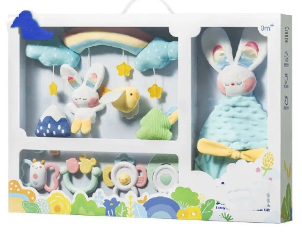White plastic newborn soothing rattle teether with Obi big ears adorable rabbit design in gift box