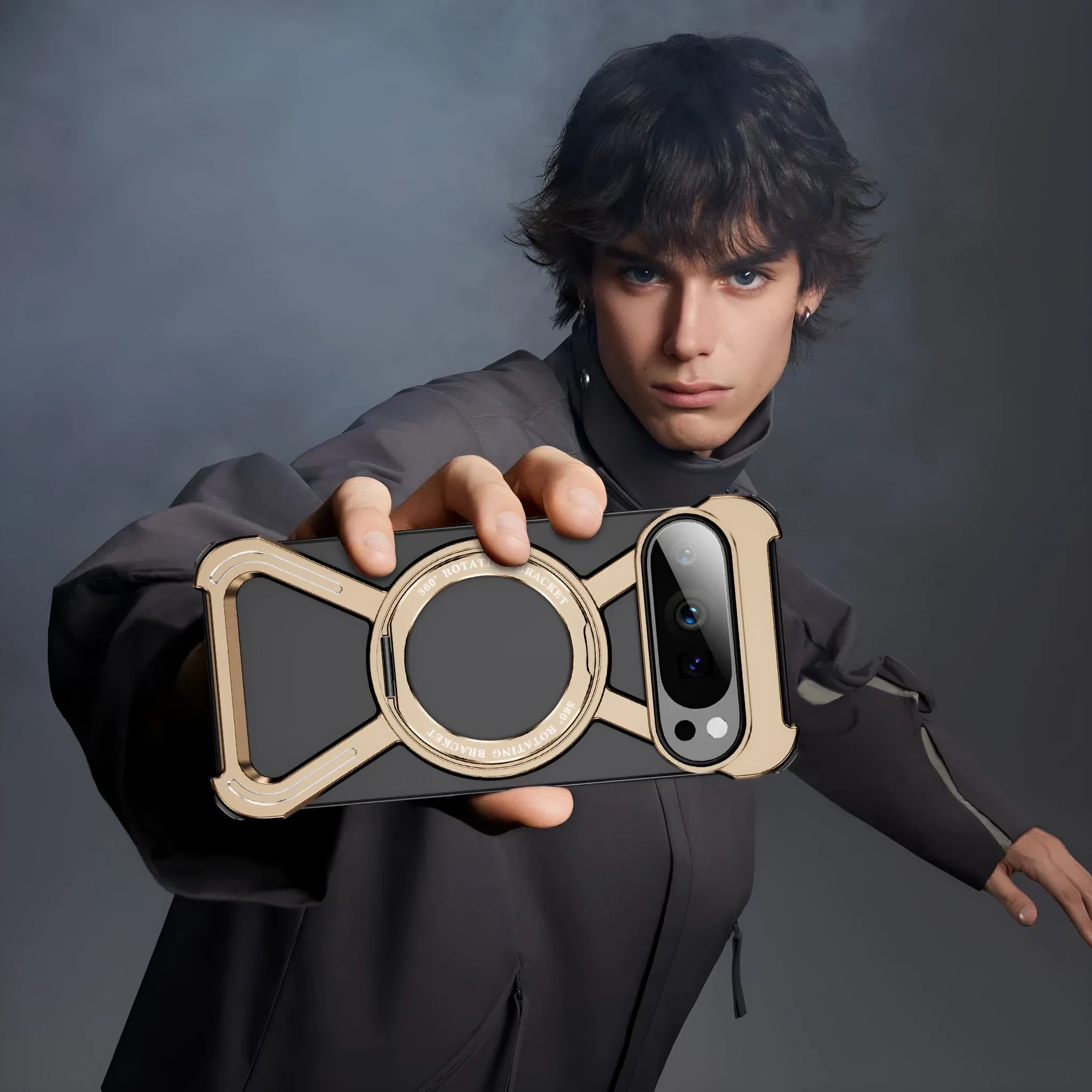 Black metal magnetic rotating bracket phone case for Google Pixel 9 Pro