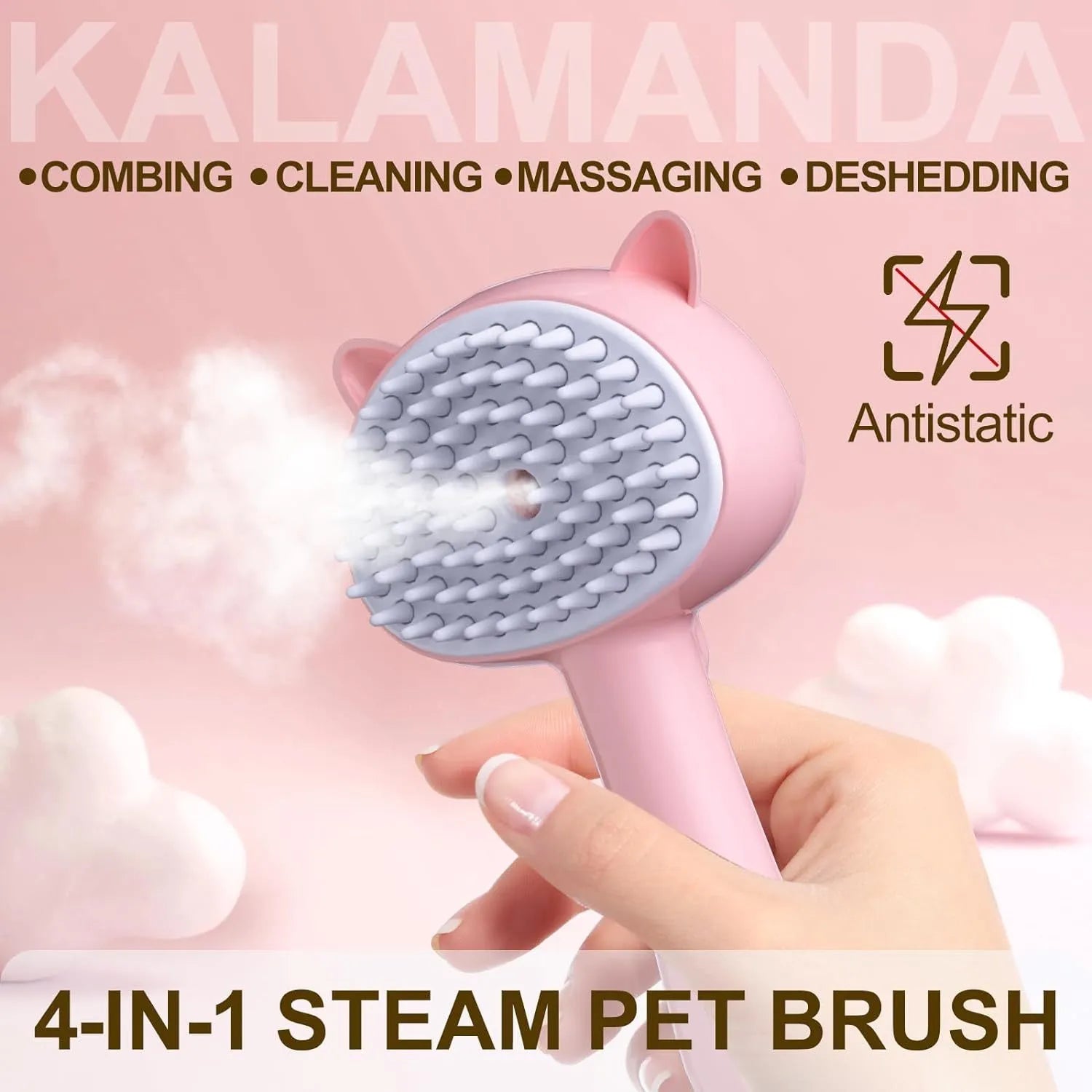 Blue cat steam brush with ergonomic handle, rubber bristles and one-click release button for pet grooming