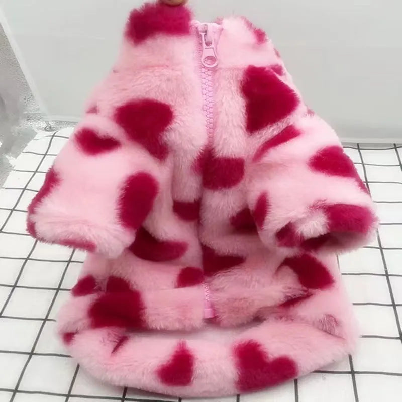 Polyester plush warm coat for small dog breeds in pink and brown colour options showing British-style design