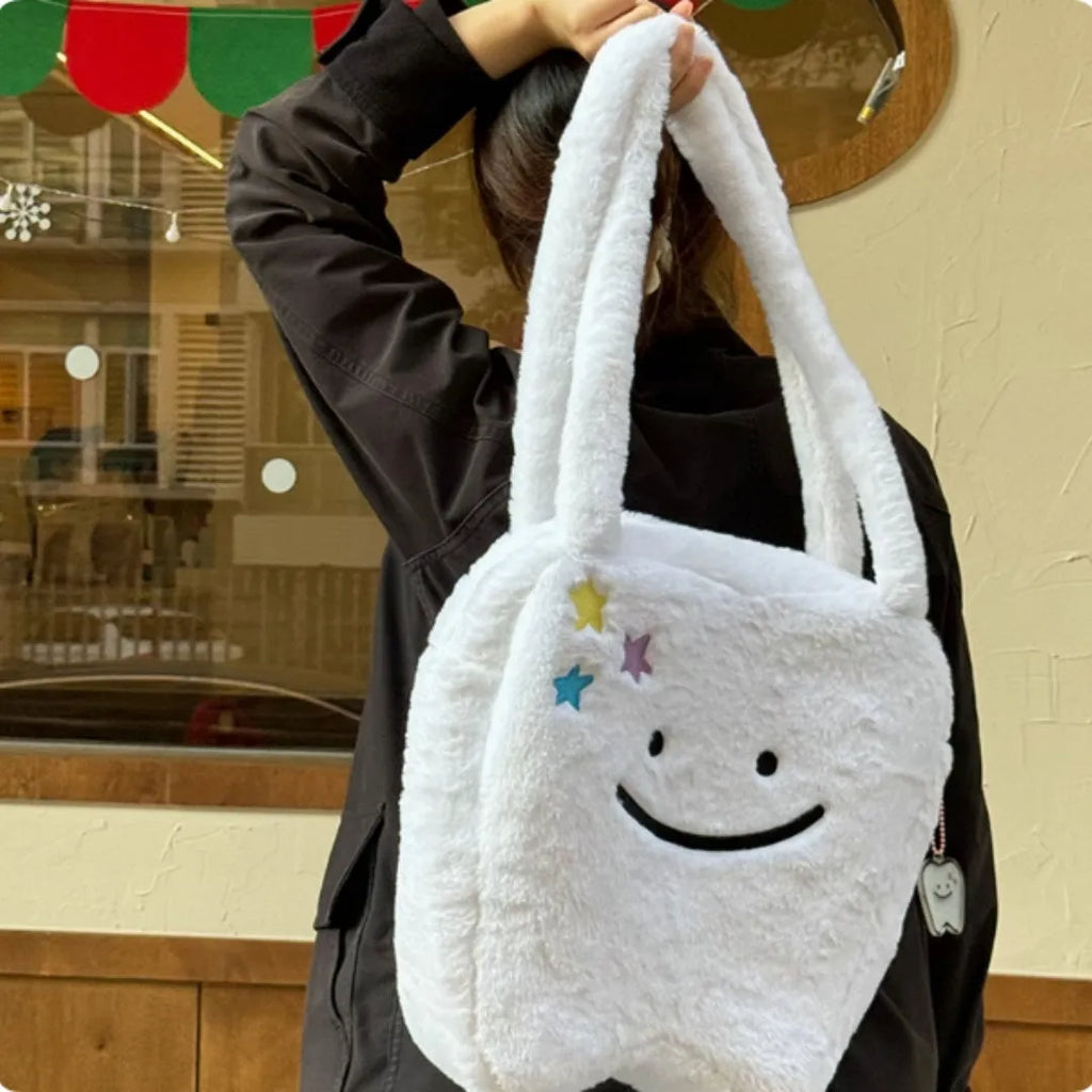 White plush shoulder tote bag with cute teeth pattern decoration and crossbody strap
