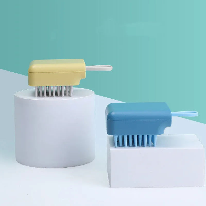 Pet dog cat bath brush with soft TPR prongs in blue colour, ergonomic design for wet and dry grooming
