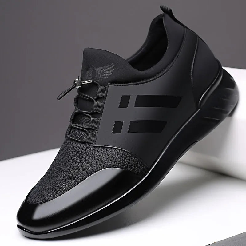 Men's black casual shoes with hidden height increase, available in leather or mesh with a chunky rubber sole.