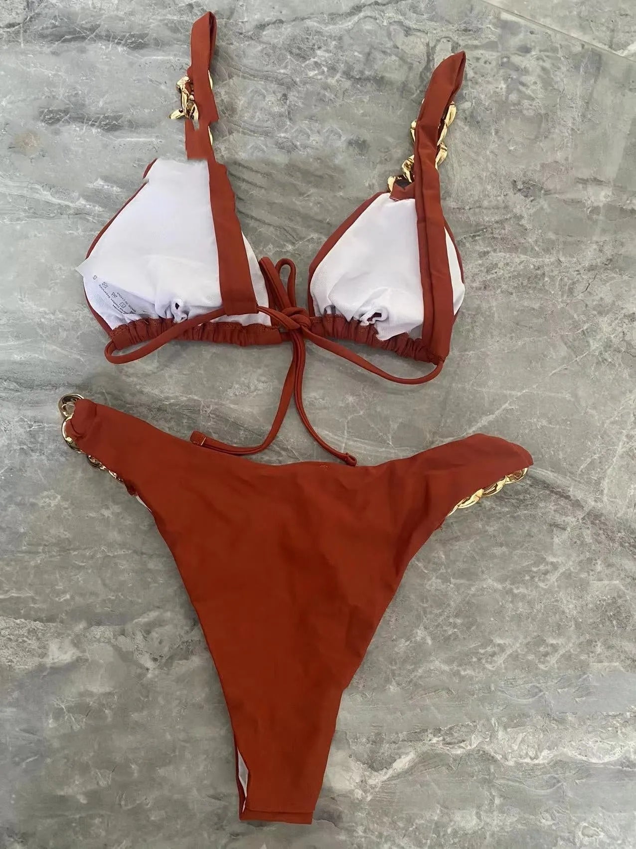 Brown women's tube top push up bikini swimsuit with ring tether detailing