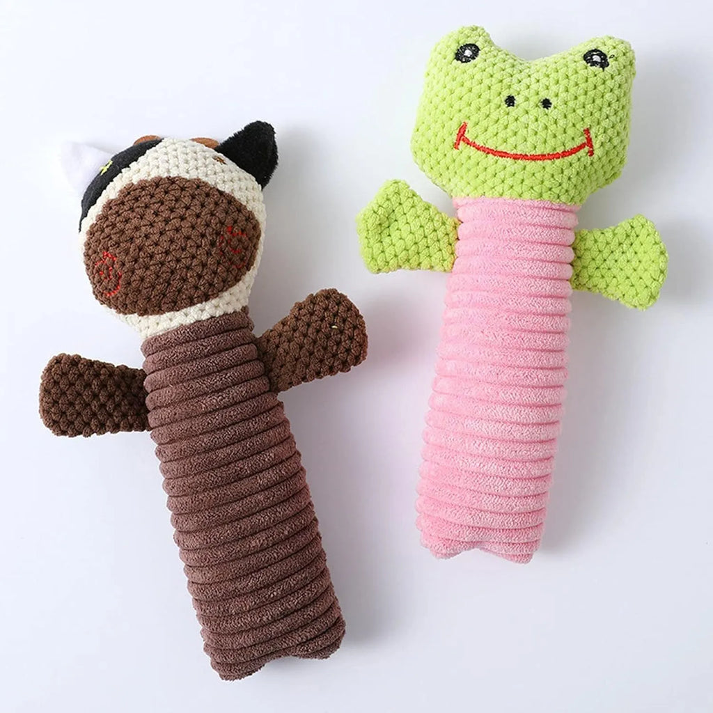 Dog squeaky plush chew toy in animal shape with massaging texture for dental care, 19cm length