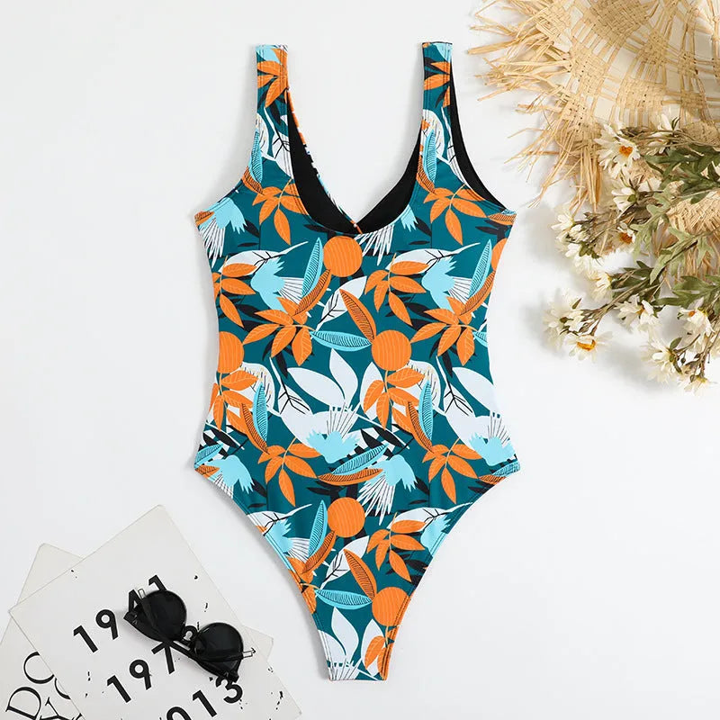 Women's high-waisted printed one-piece bikini with quick-dry lining for swimming