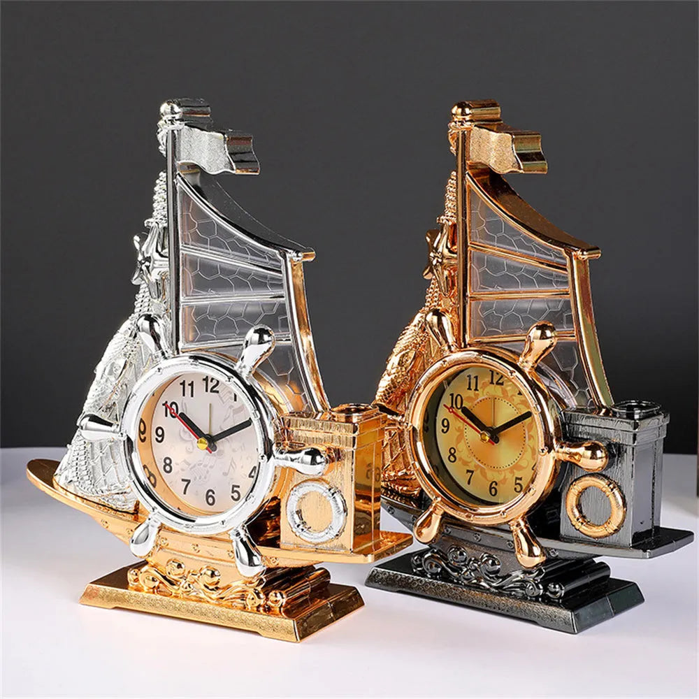 Fashion bedroom alarm clock with gold plastic body and electronic display, 22.6cm tall