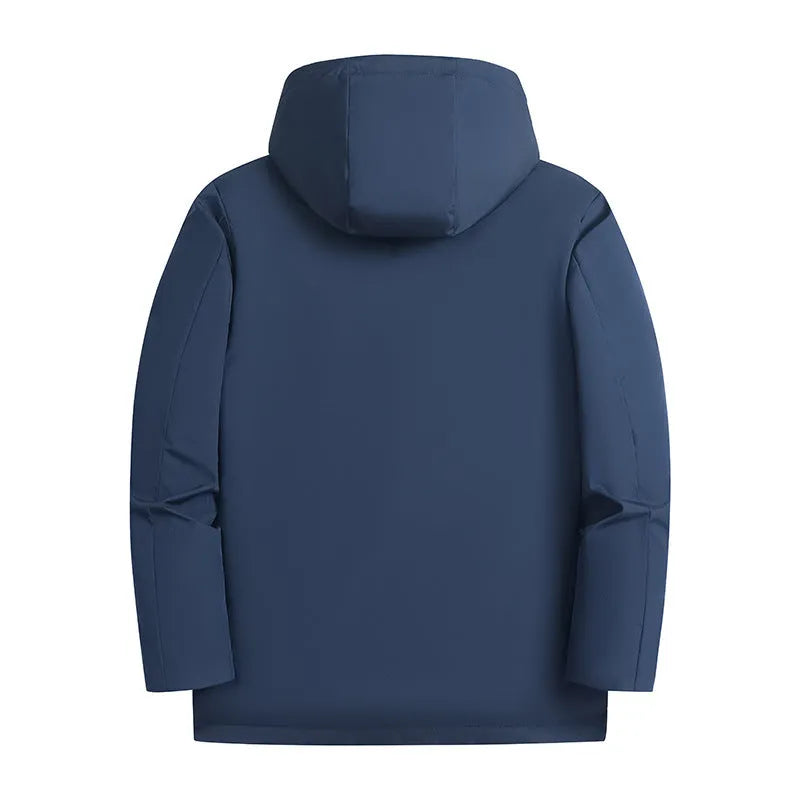 Men's fleece-lined thickened hooded winter coat in solid colour, side seam pockets, cardigan style