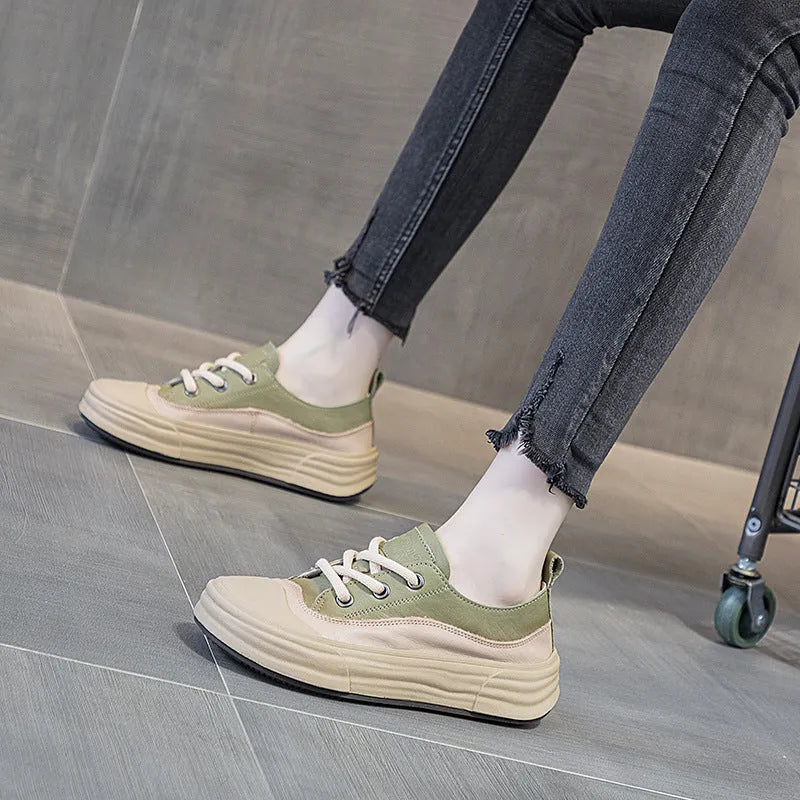 Women's leather platform sneakers in matcha, orange, and purple colours showing round toe and lace-up design