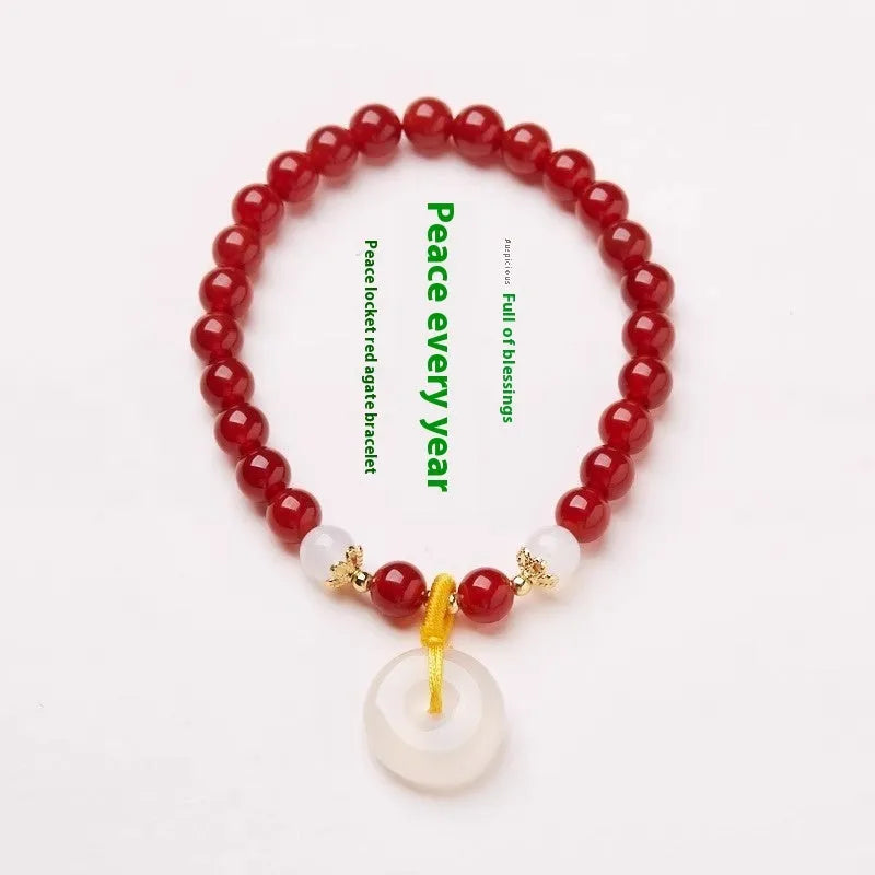 Handmade Chinese bracelet with Jinsi jade and red agate peace buckle beads, safety clasp