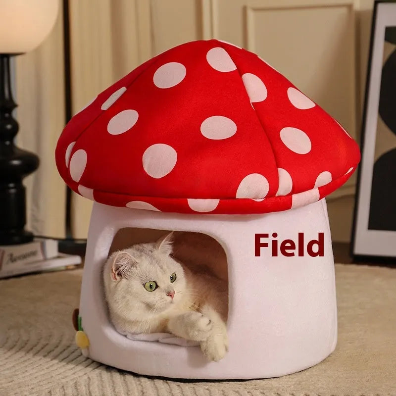 Semi-enclosed flannel cat bed mushroom design red umbrella finish for small cats indoor use