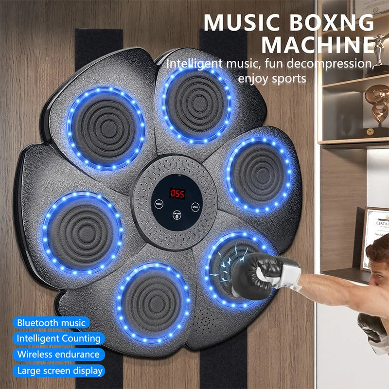 Black smart boxing target wall mounted with Bluetooth and LED lights, half-finger boxing gloves