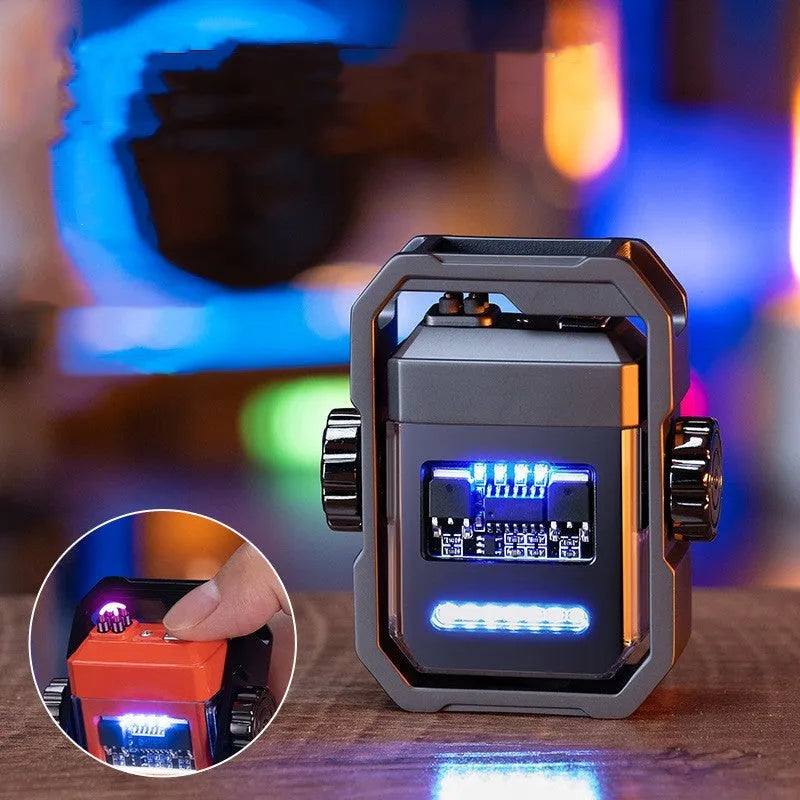 Blue folding electric arc lighter with a mechanical gyroscope, showing windproof double arcs and USB Type-C port.
