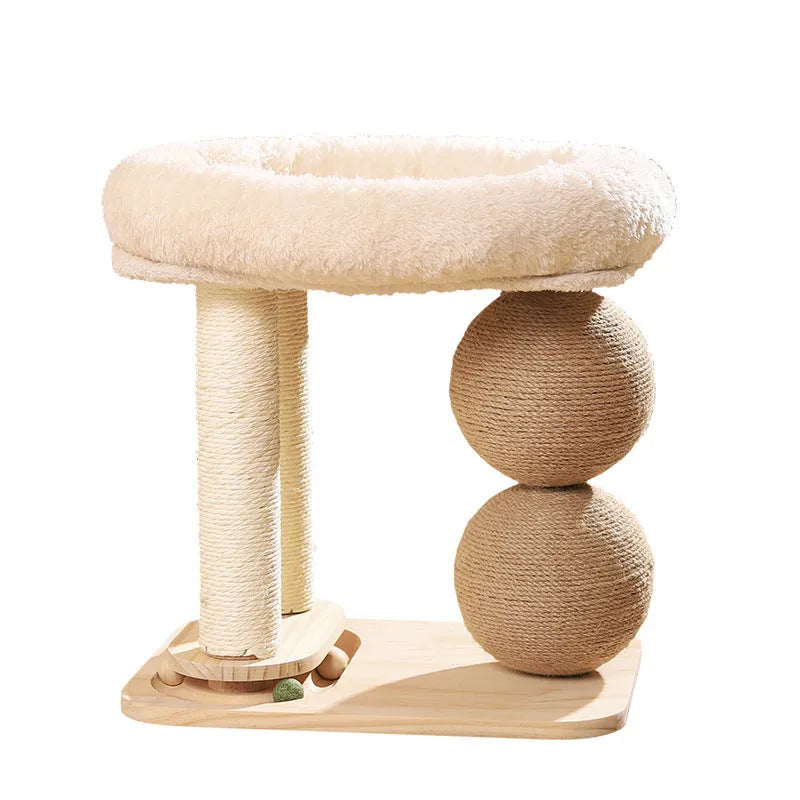 Pine wood cat scratching ball nest with sisal rope posts and double column design