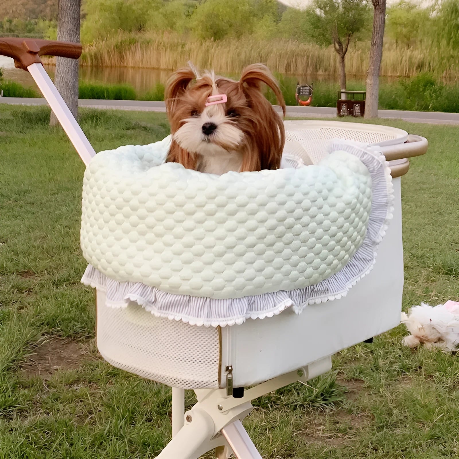 Pure cotton pet stroller three-piece set showing anti-dirty towel, cushion and pillow in striped pattern