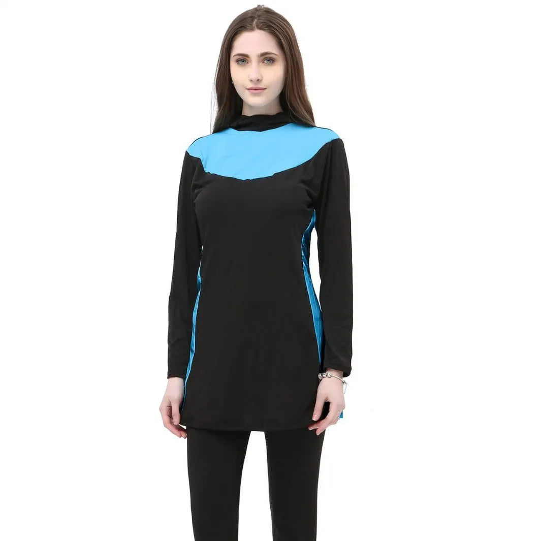 Women's black hooded long sleeve swimsuit two-piece set with contrasting trim
