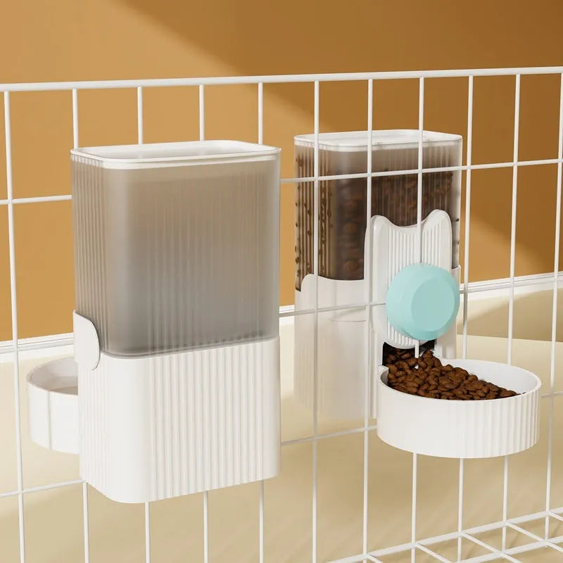 Hanging cat water fountain and automatic dog feeder combo set in blue, with two 1000ml plastic bowls for drinking and feeding