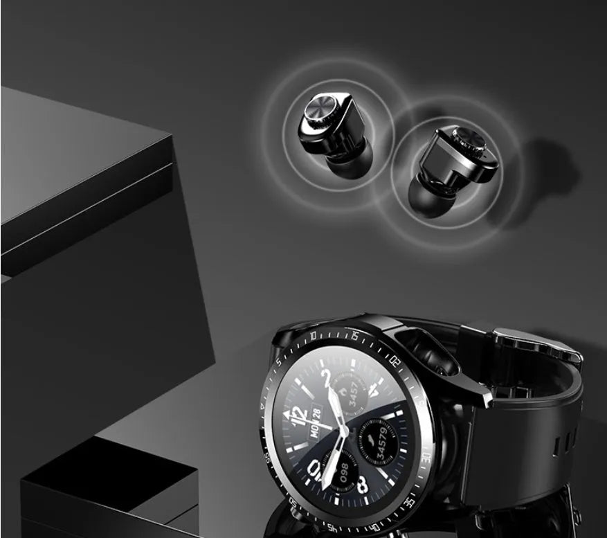 Black smart watch with 1.28-inch screen showing health metrics, paired with wireless TWS earphones