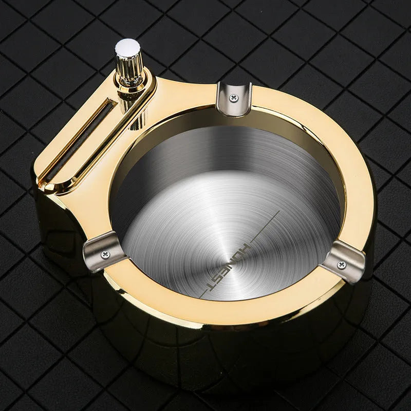 Large metal ashtray with permanent match lighter, three cigarette slots, blue finish