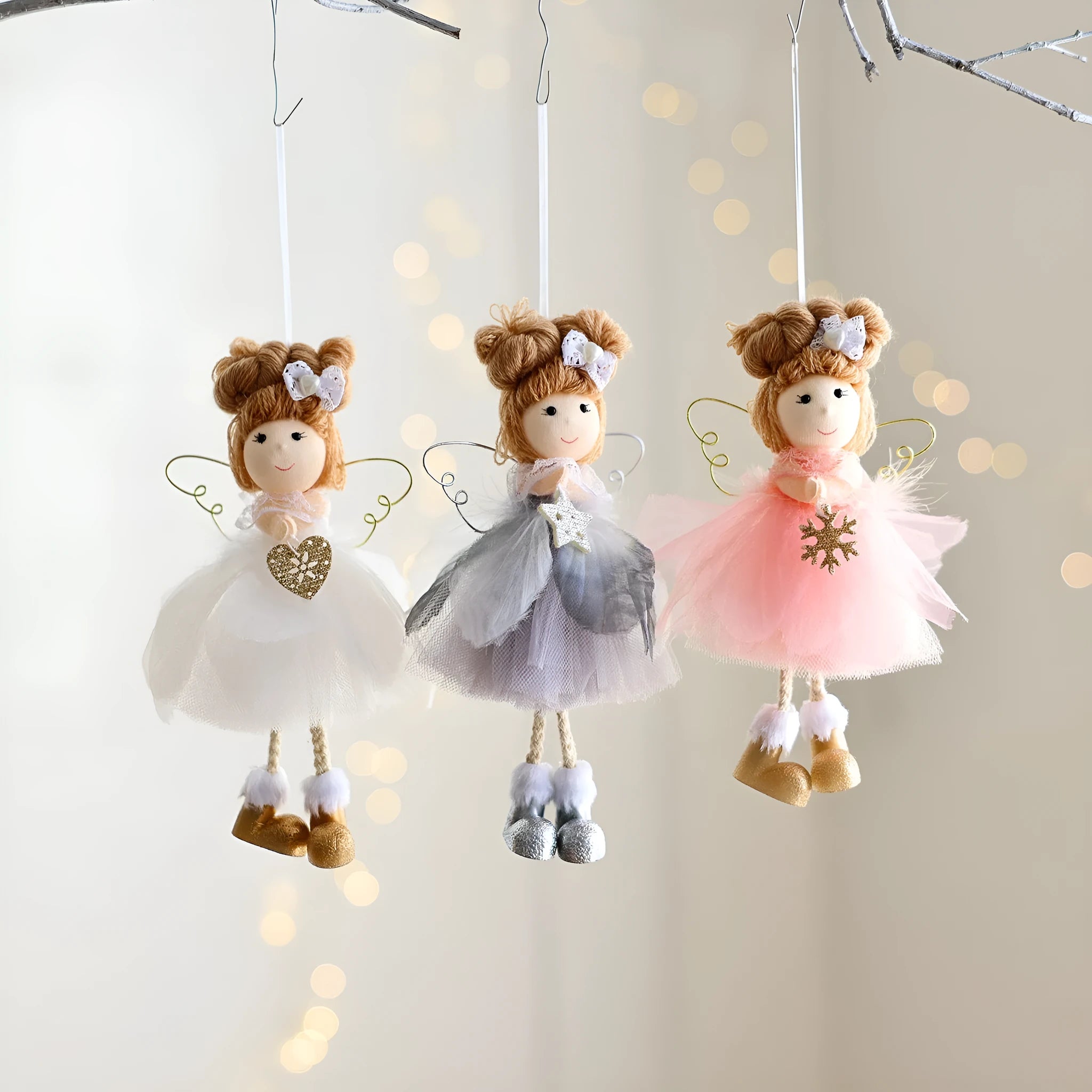 White Christmas tree angel girl ornament with snowflake design made from metal plastic cloth