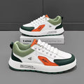 Men's solid colour casual shoes with round toe and artificial PU upper in white-orange, white-black, and white-brown options.