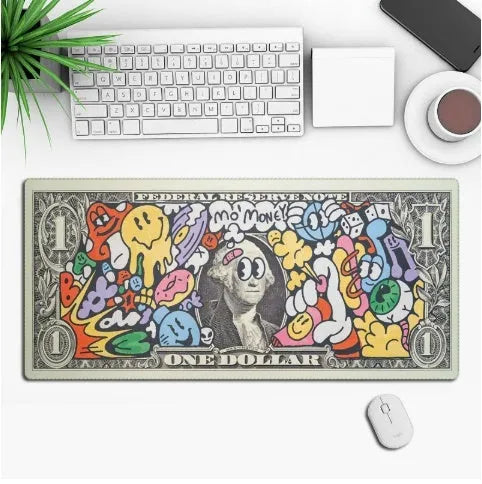 Large custom anime print gaming mouse pad on a desk with keyboard and mouse