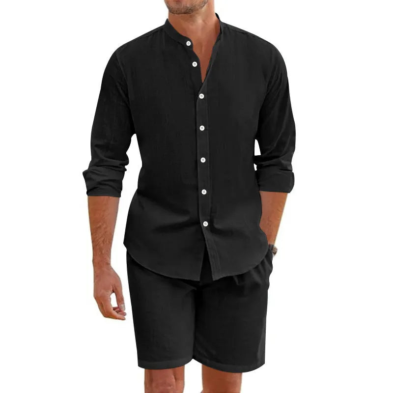 Men's light blue linen blend short sleeve shirt and matching drawstring shorts summer outfit.
