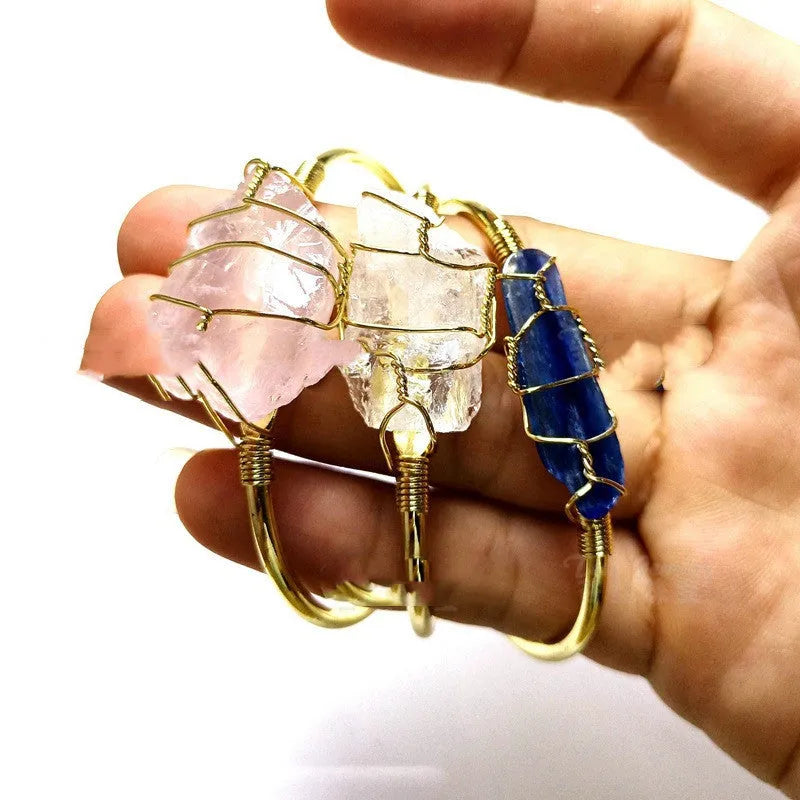 Natural crystal rough stone bracelet with gold winding wire in geometric bohemian design