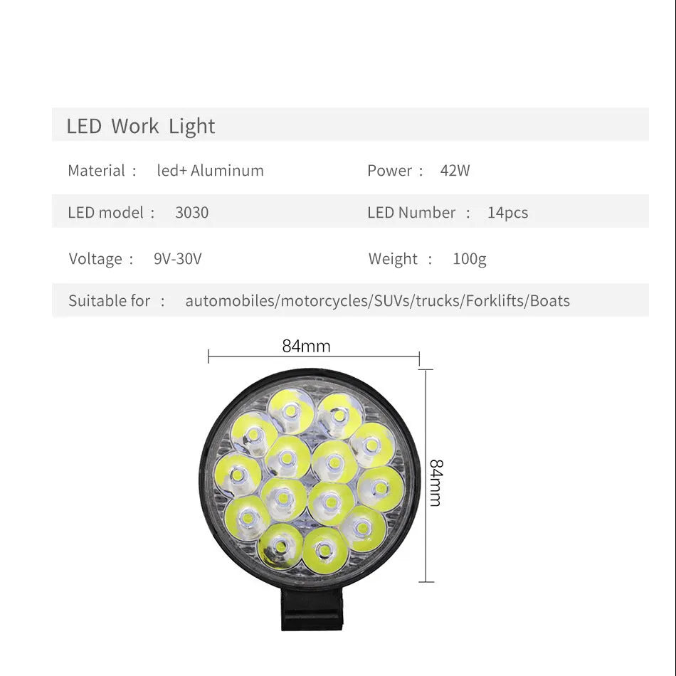 Small round white aluminium LED work light for vehicle mounting