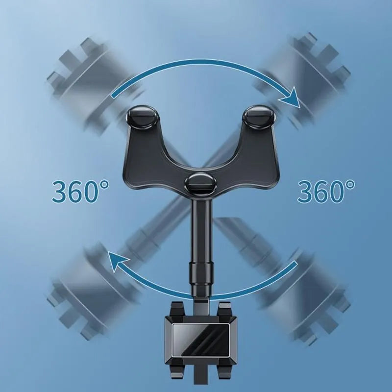 Black rearview mirror car phone holder showing 360-degree rotation and retractable arm extended.