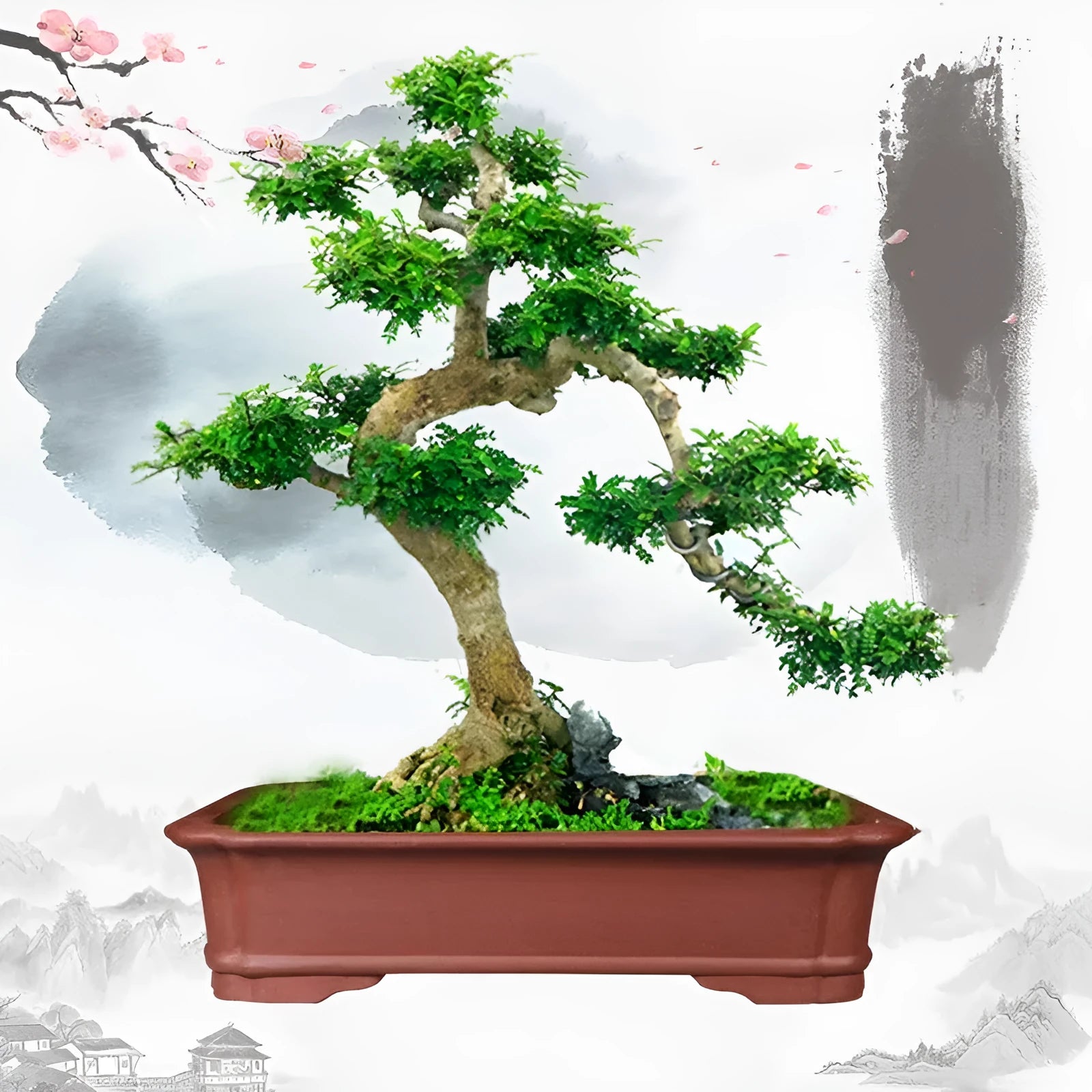 Large rectangular purple clay flowerpot for bonsai or garden plants on a patio.