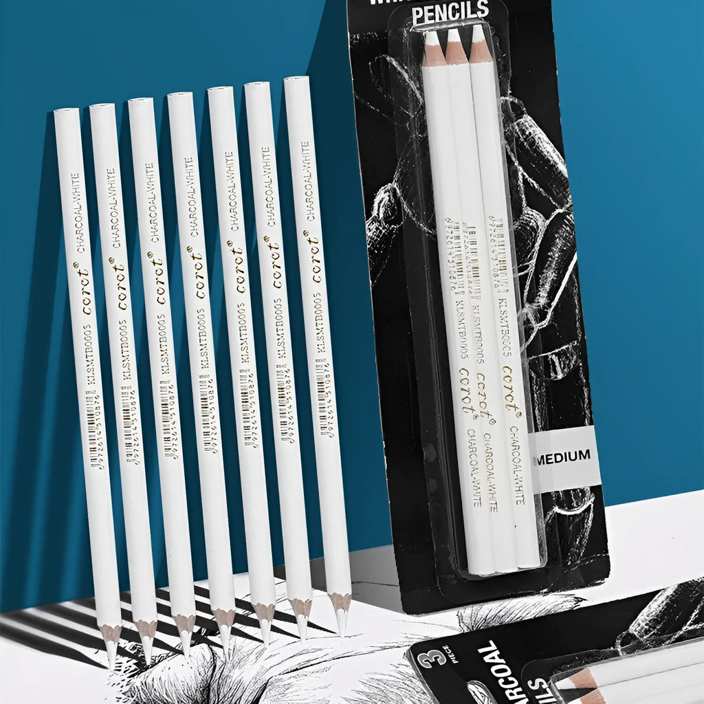 White charcoal sketching pencils in wooden barrels for highlighting and shading techniques
