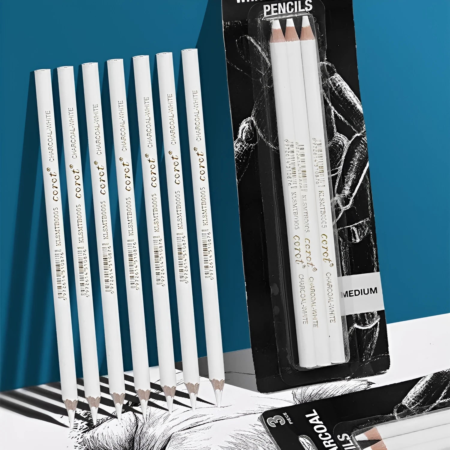 White charcoal sketching pencils in wooden barrels for highlighting and shading techniques